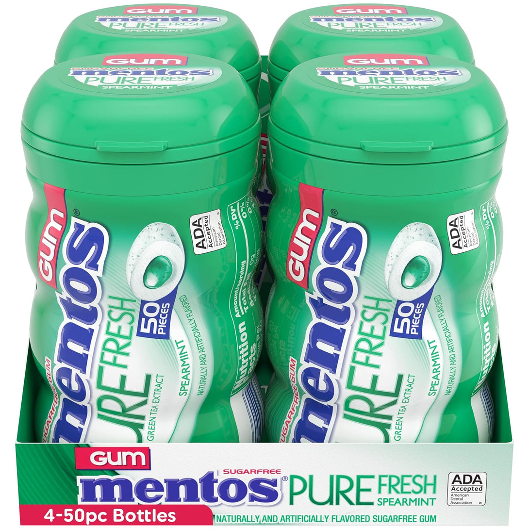 Mentos Pure Fresh Holiday Sugar-Free Chewing Gum with Xylitol, Spearmint, Holiday Christmas Stocking Stuffers for Adults & Kids, 50 Piece Bottle (Bulk Pack of 4)