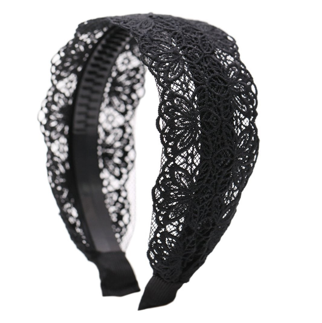 Mollensiuer Fashion 2 Inch Wide Lace Headband Hair Band with Teeth for Women and Girls (Black)