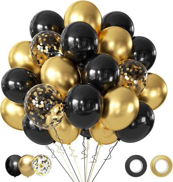 Black and Metallic Gold Balloons, 50PCS Black and Gold Balloons Party Decorations 12 Inch Black & Gold Confetti Party Balloons for Birthday,Graduation,New Years,Wedding Party Decorations