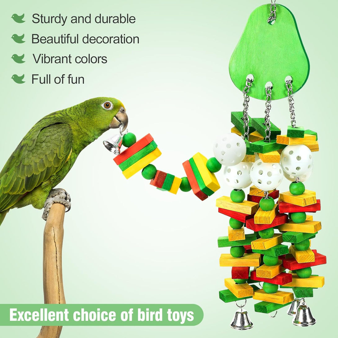 Large Bird Toys, Parrot Toys Gift for Macaws African Grey Amazon Parrots, Chewing Toy for Large Birds with Colorful Wooden Blocks Beads and Crisp Bells (Avocado Style)