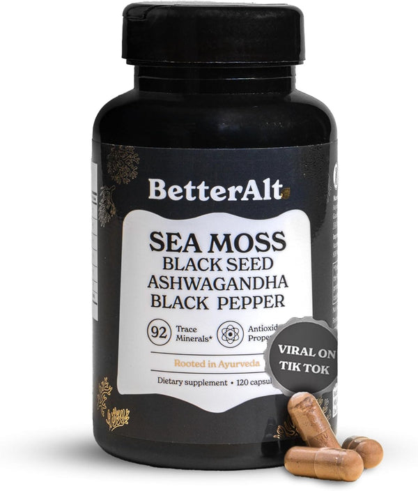 Sea Moss Capsules- Irish Sea Moss with Black Seed Oil, Ashwagandha & Black Pepper for Stamina, Strength & Endurance- High Potency Sea Moss Supplement - 60 Servings, 120 Capsules