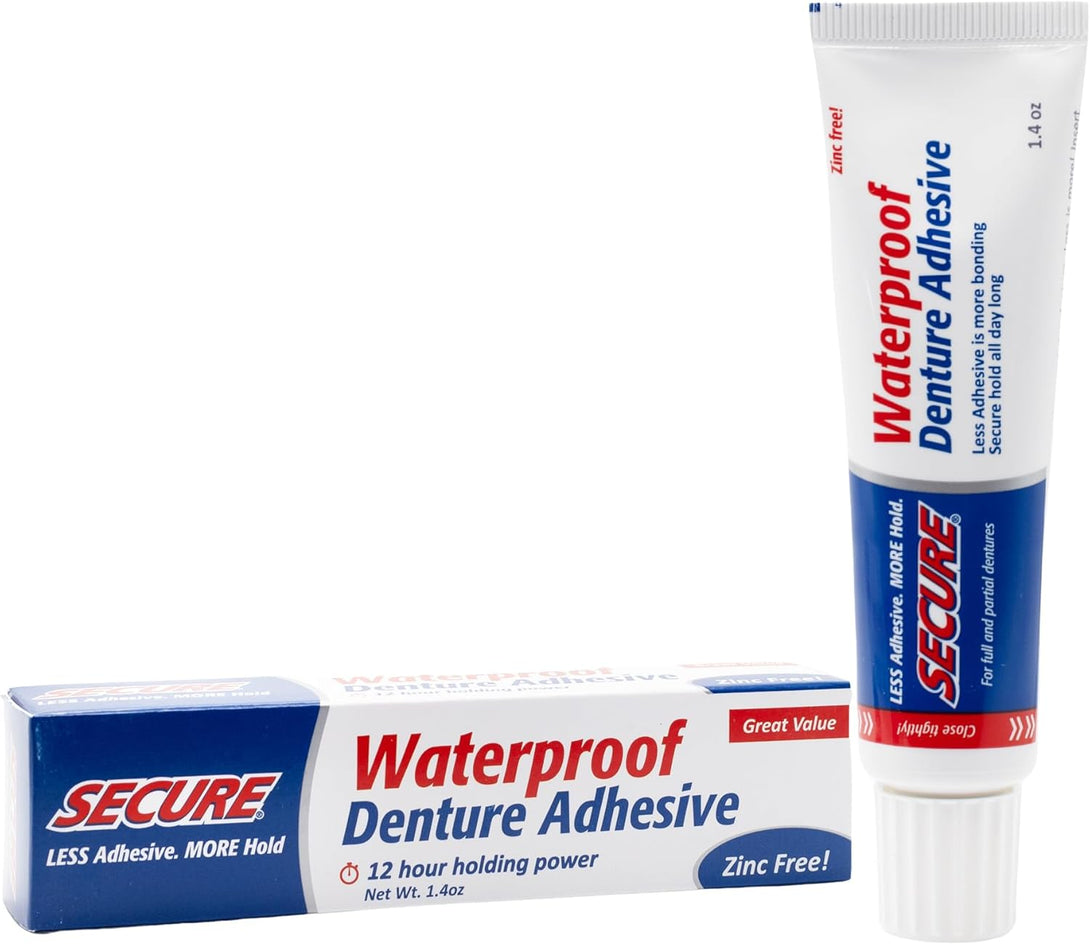 Secure Waterproof Denture Adhesive - Zinc Free - Extra Strong Hold for Upper, Lower or Partials - 1.4 Oz