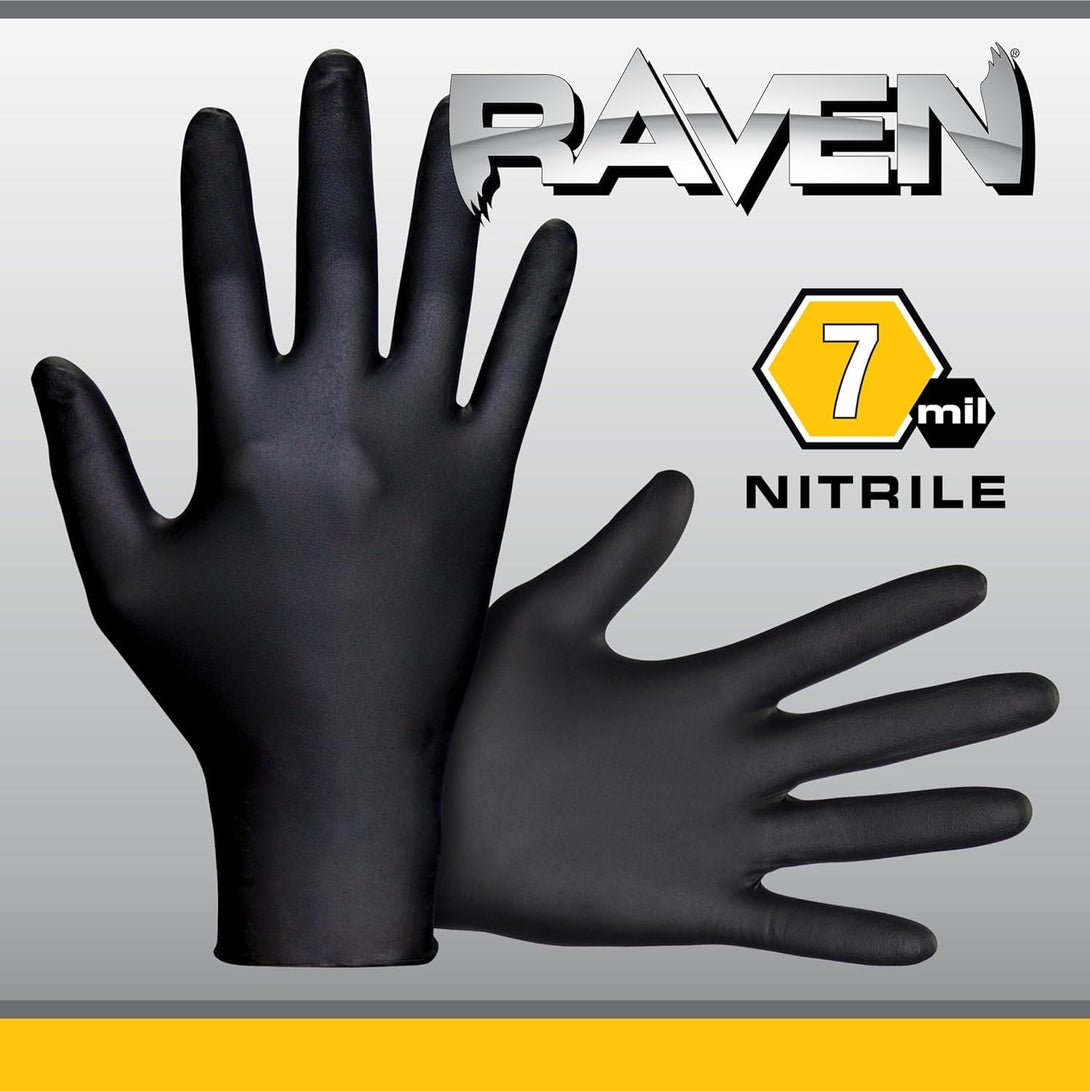 Raven Powder Free Nitrile Disposable Gloves 7 Mil - XL Latex Free, Chemical + Puncture Resistant, Textured Grip, Single Use for Automotive, Industrial, Janitorial, MRO, Food Service 66519
