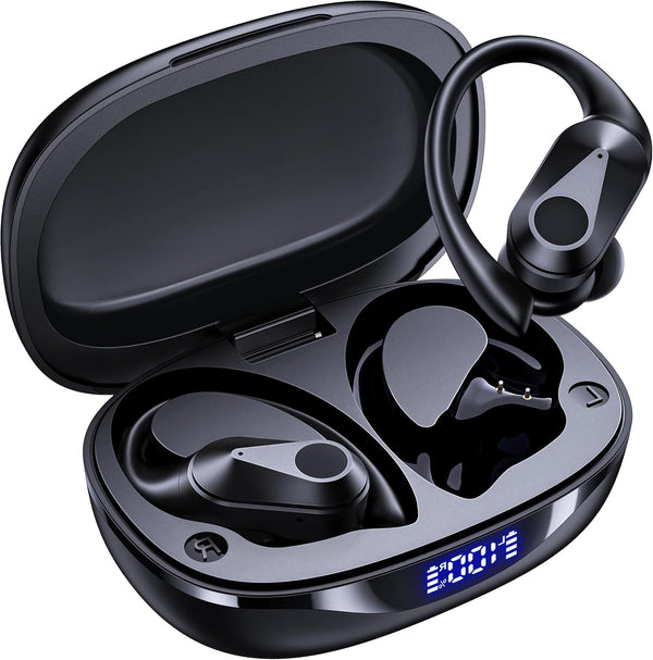 Wireless Earbuds, 90H Playtime Bluetooth Headphones, over Ear Buds with LED Display, Stereo Bass Earphones, Wireless Charging Case, IPX7 Waterproof Sport Headset for Workout (Black)