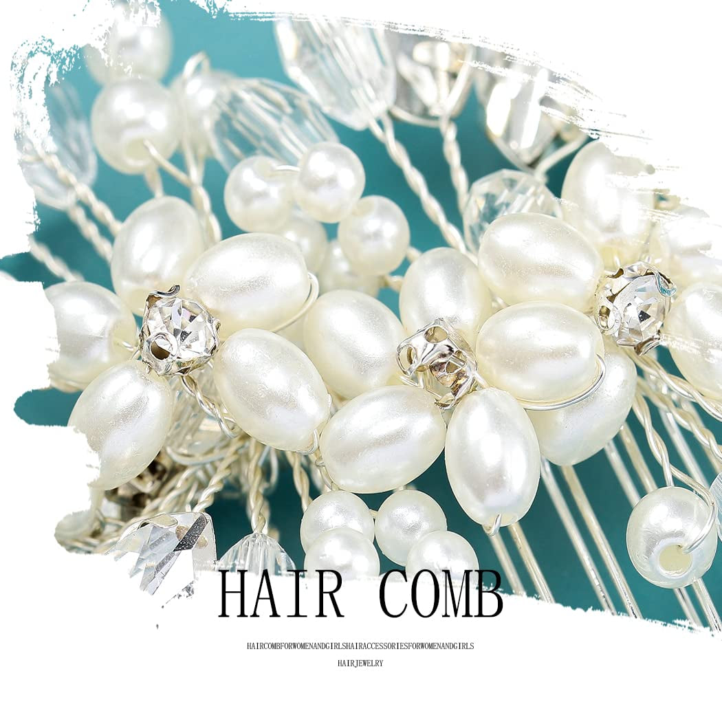 Wedding Hair Combs Silver Flower Hair Comb Pearl Bridal Hair Piece Crystal Bride Hair Accessory for Women and Girls