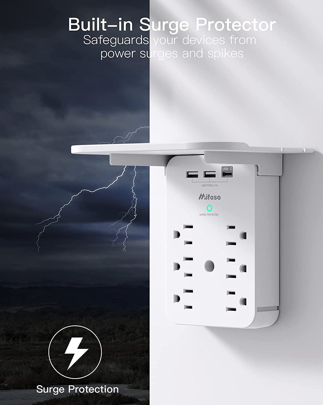 Wall Outlet Extender with Surge Protector, 6 AC Outlets, Shelf, 2 USB & USB C Charging Ports - Home & Dorm Plug Expander