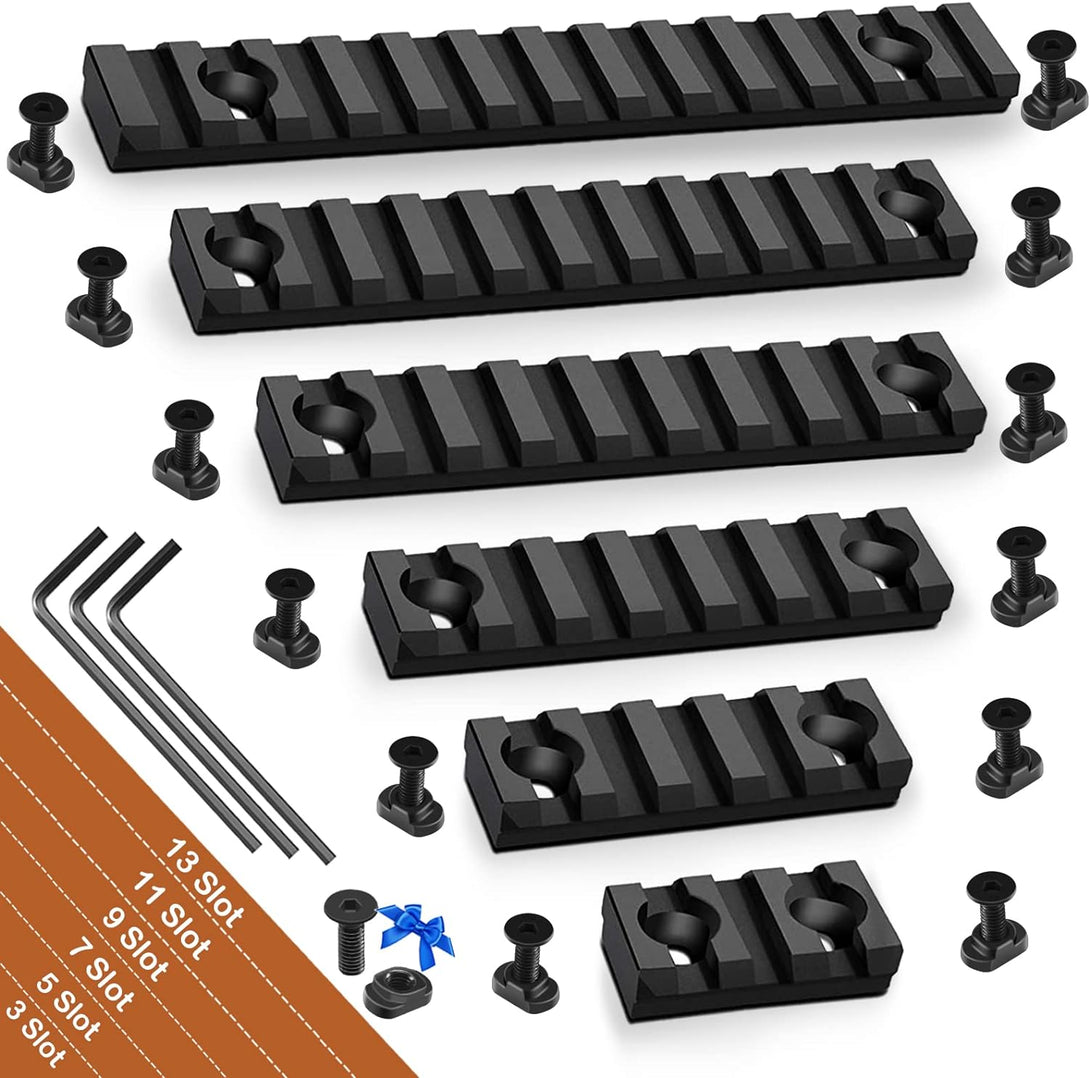 6 Pack Single Mloc Picatinny Rail Set for Mlock 3 5 7 9 11 13 Slots with 13 T-Nuts & Screws, 3 Allen Wrench - Black