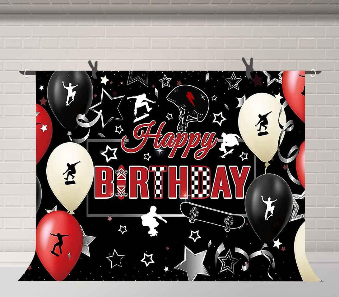 Skateboard Happy Birthday Backdrop 7X5Ft Extreme Sports Props Balloon Helmet Banner Photography Background for Teen Birthday Party Photo Booth Props BJZYAY3
