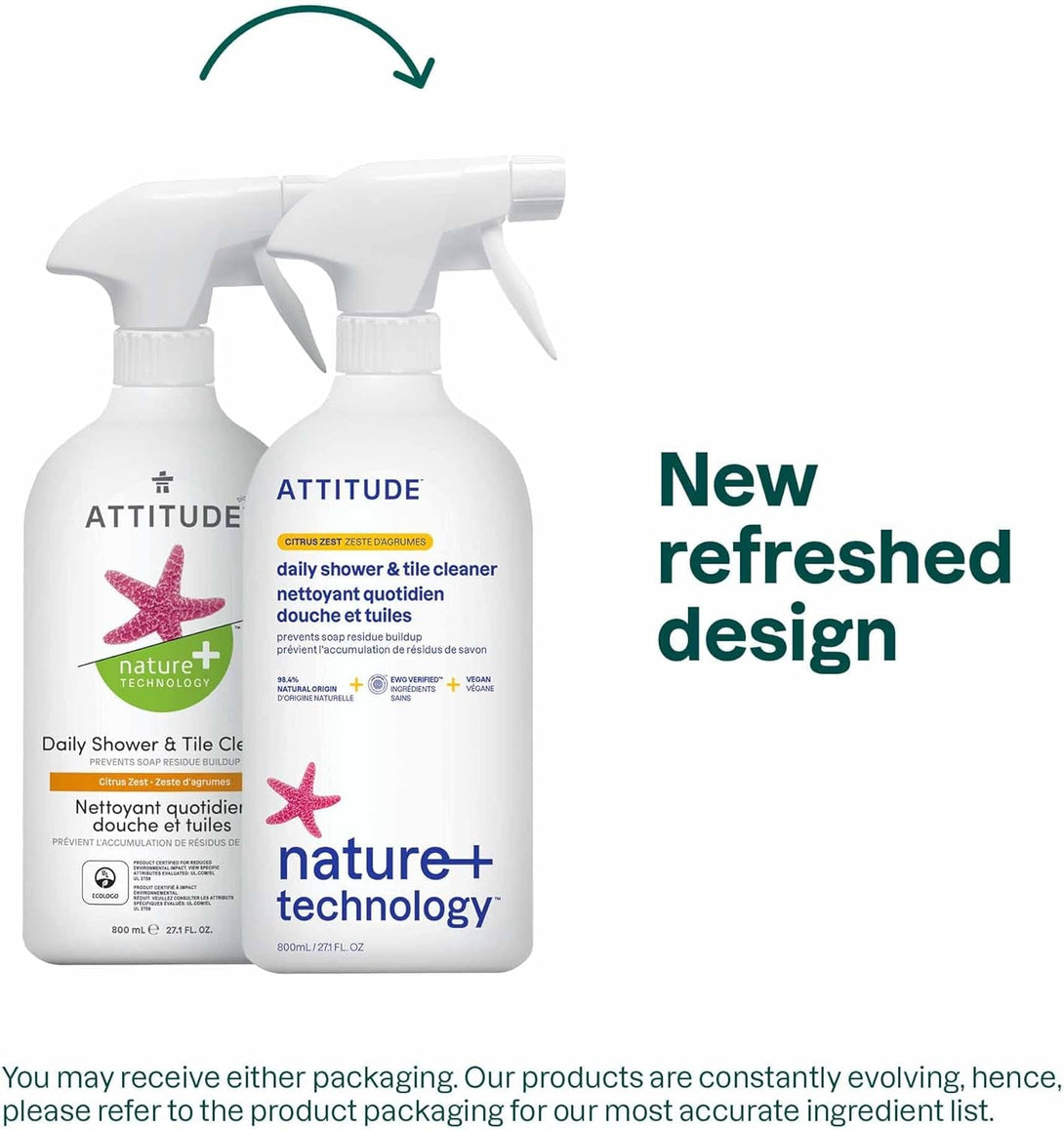 ATTITUDE Daily Shower and Tile Cleaner, EWG Verified, Plant and Mineral-Based, Vegan, Citrus Zest, 27.1 Fl Oz