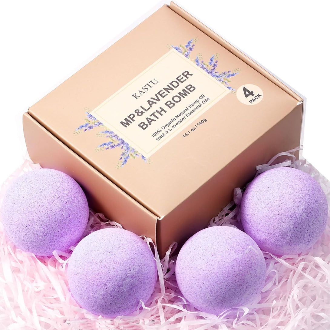 Natural Hemp Oil Extract and Lavender Essential Oils Bath Bombs Salt Balls,4 Pack Gift Set,Moisturizing Dry Skin,Fizzy Spa,Relaxation,Self Care,Relaxing,Bubble Bath Bomb Gifts Idea for Men Women