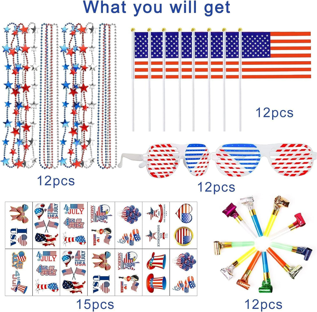86Pcs 4Th of July Accessories Patriotic Party Favors Shutter Glasses Necklaces Handheld US Flags Blowouts Tattoos Memorial Day Decorations Veterans Party Supplies