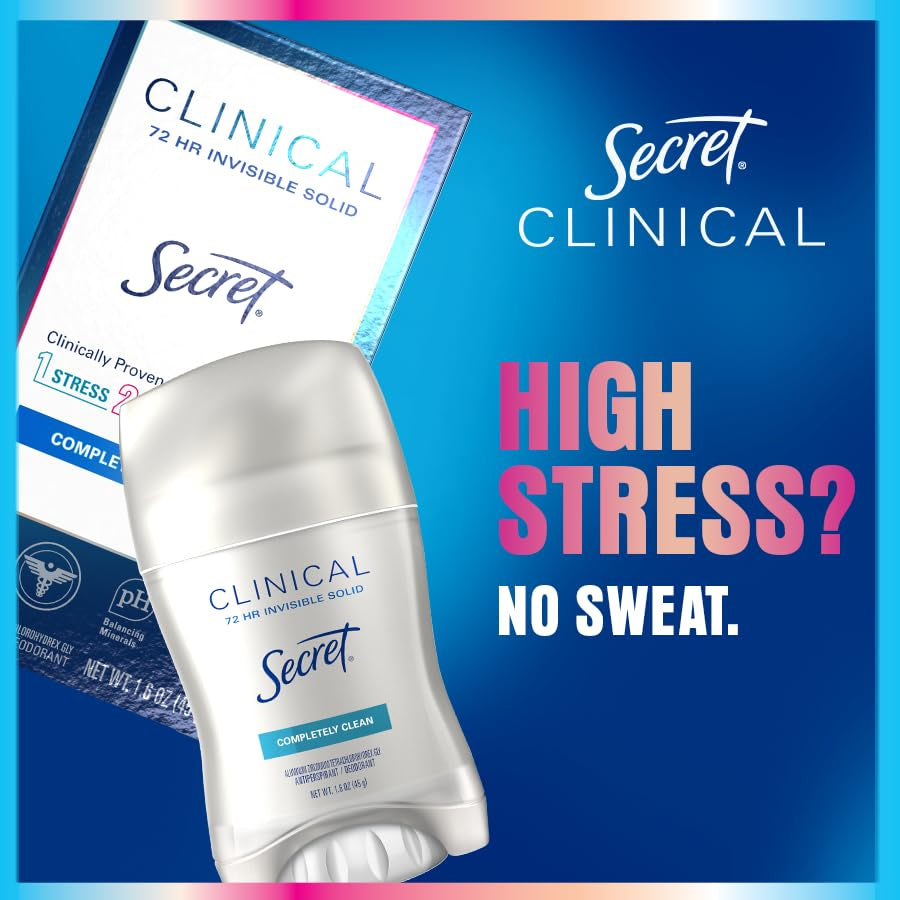 Secret Clinical Strength Antiperspirant Deodorant for Women, Stress Response, 3X Stress Protection, 72Hr Sweat & Odor Protection, PH Balancing Minerals, Invisible Solid, 2.6 Oz