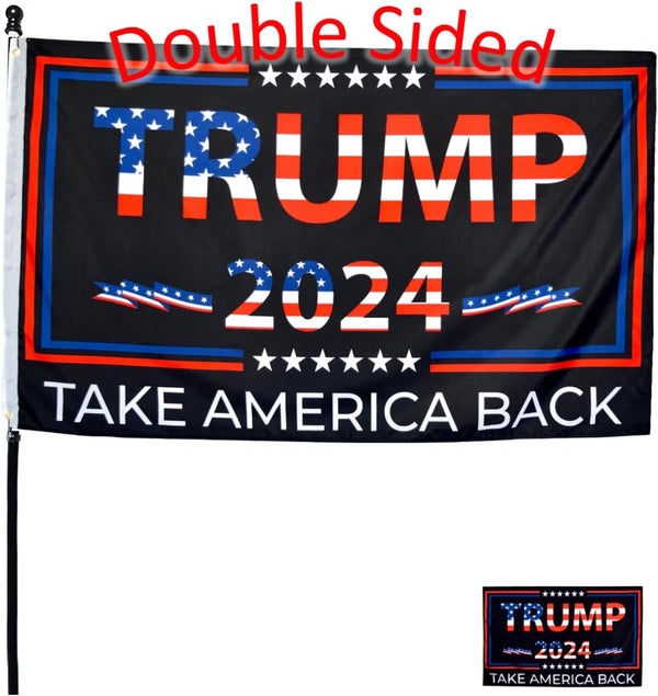 Double-Sided Trump 2024 Flag - Take America Back - 3X5 Foot Indoor Outdoor Decoration Banner with a FREE Sticker - Double-Sided Banner with Vivid Patriotic Colors and 2 Brass Grommets (3 Ply / Double