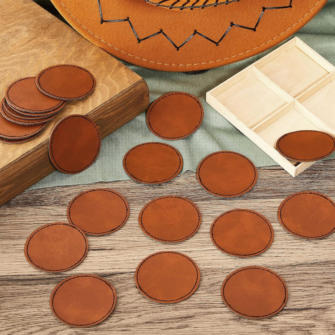 Dunzy 30 Pcs Blank Leather Hat Patches with Adhesive round Laserable Leatherette Patch Faux Leather Patches Glowforge Laser Supplies for Hats, Jackets, Backpacks (Brown)