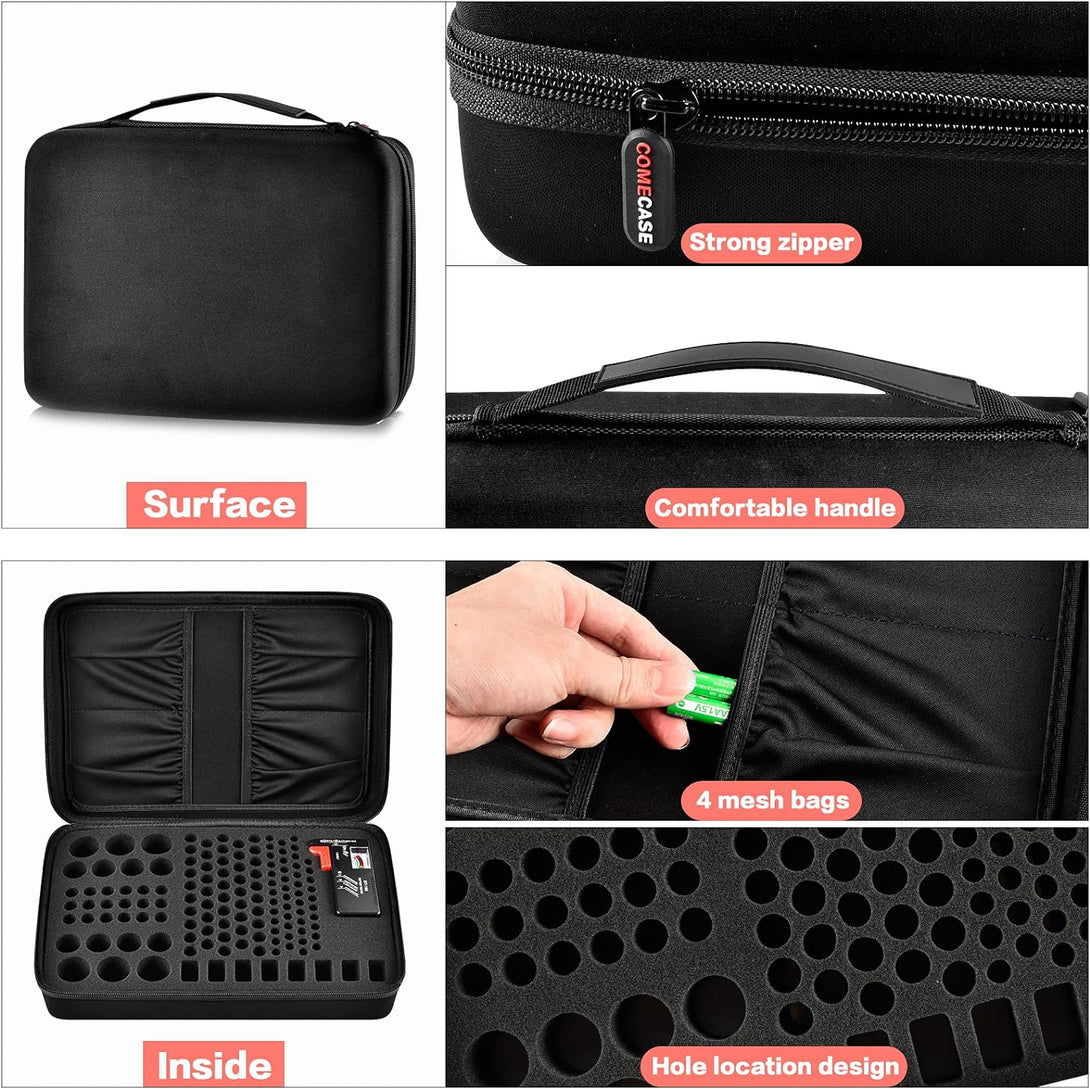 Comecase Hard Battery Organizer Storage Box, Carrying Case Bag Holder - Holds 148 Batteries AA AAA C D 9V - with Battery Tester BT-168 (Batteries Are Not Included)