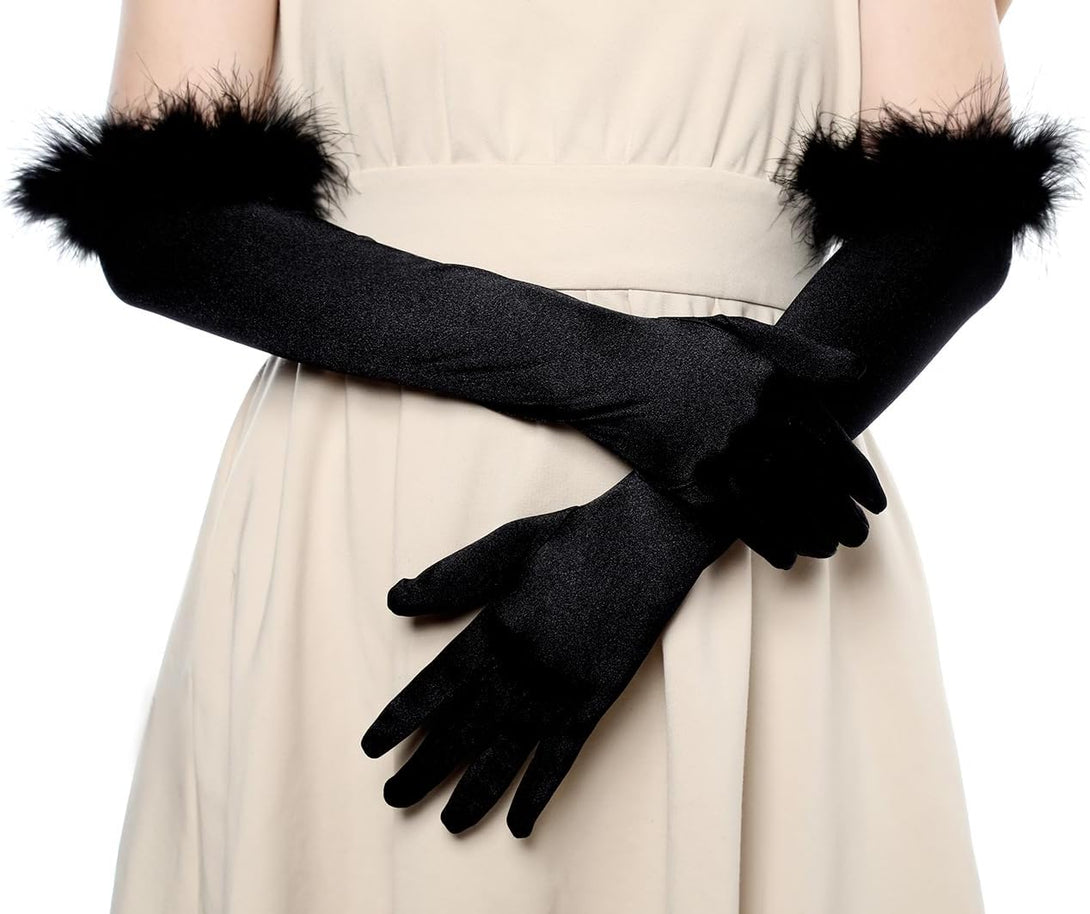 BABEYOND Long Satin Opera Gloves Pageant Feather Gloves 1920S Stretchy Elbow Length Gloves for Halloween Costume Party