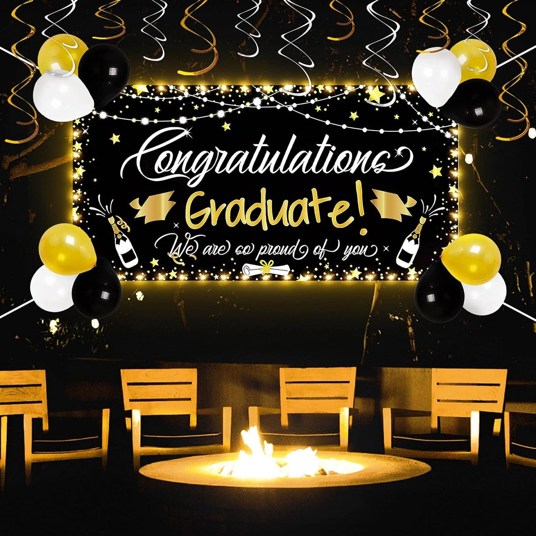 90Shine Graduation Decorations Class of 2025 - Lighted Large Congrats Grad Banner Garland Photo Backdrop+Balloons+Hanging Swirls Party Supplies (25PCS, Black, Not Include Battery)