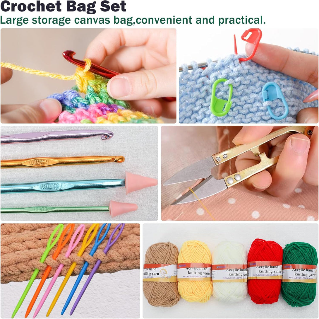 XSEINO Crochet Kit with Crochet Hooks Yarn Set - Premium Bundle Includes 5 Colors Crochet Yarn Balls, Crochet Kit, Accessories Kit, Crochet Bag and Lot More - Starter Pack for Beginners