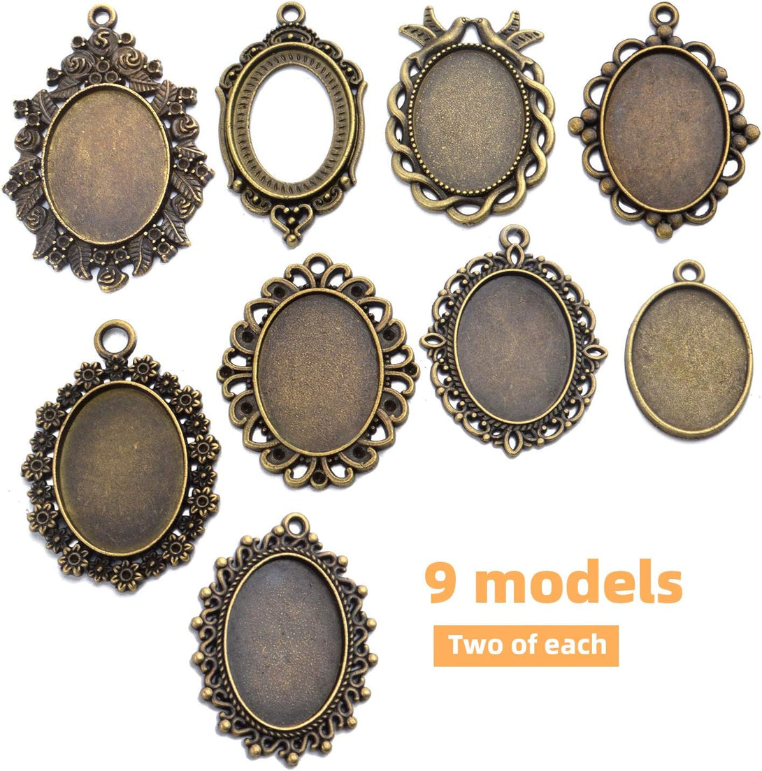 18 Pieces Bezel Pendant Trays, 25 X 18Mm Oval Pendant Trays Bezels Cabochon Settings Trays Pendant Blanks for Crafting DIY Jewelry Making - 9 Styles, Antique Bronze