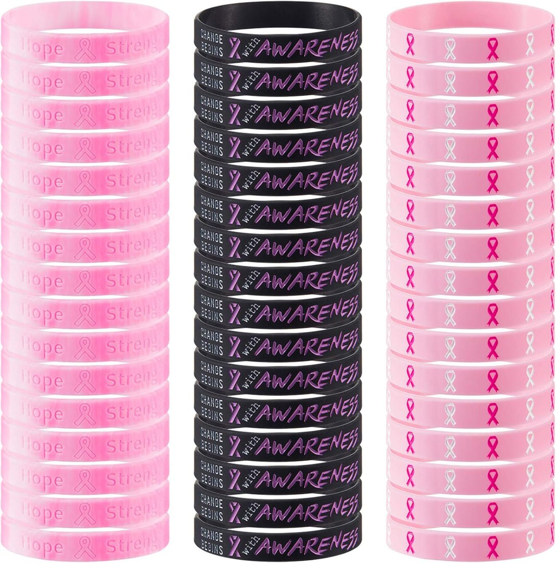 48 Pcs Breast Cancer Bracelets- Pink Ribbon Breast Cancer Awareness Silicone Wristbands Hope Faith Strength Courage Wristbands for Party Supplies Favors