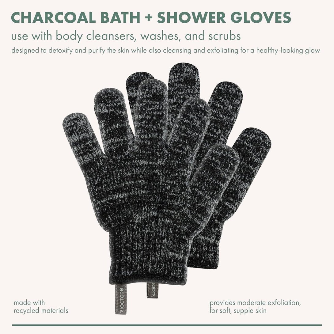 Ecotools Charcoal Bath + Shower Gloves, Exfoliating Gloves Remove Dead Skin & Cleanse Whole Body, Bath Gloves Infused with Charcoal to Scrub & Purify Skin, Cruelty Free, 1 Pair (2 Gloves)