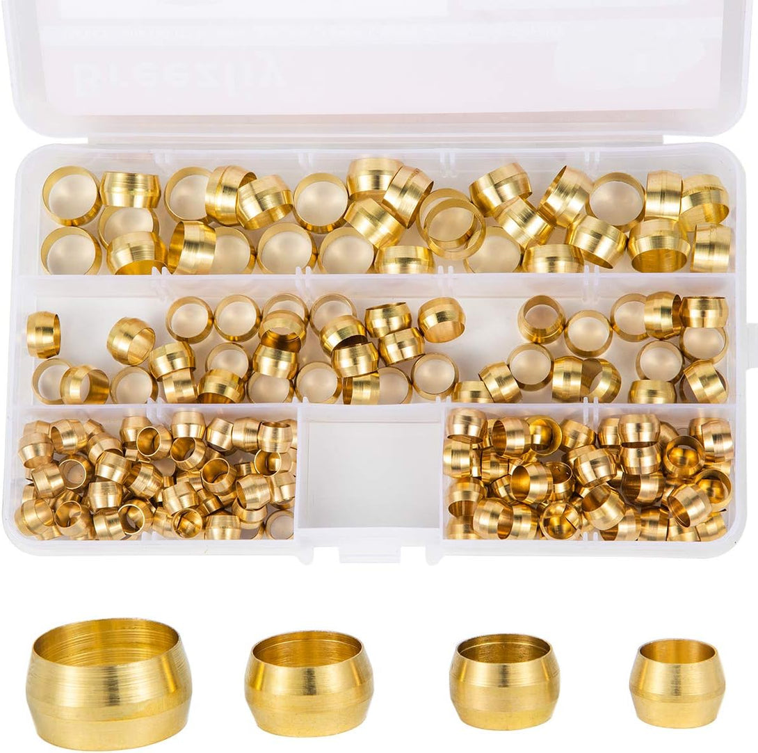 180PCS Tube OD（1/4" 5/16" 3/8" 1/2") Brass Compression Sleeves Ferrules,4 Sizes Brass Compression Fitting Assortment Kit