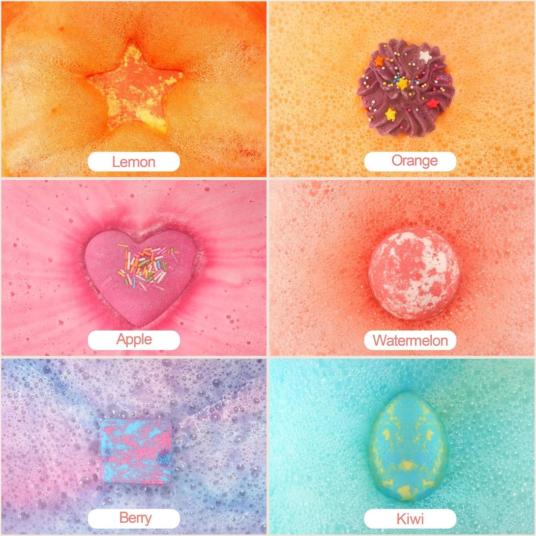 DUAIU 6Pcs Fizzy Bubble Bath Bombs for Kids & Women - Organic Natural Kids Bath Bomb Gift Set with Essential Oils, Fruit Fragrance and a Bathing Mesh Ball