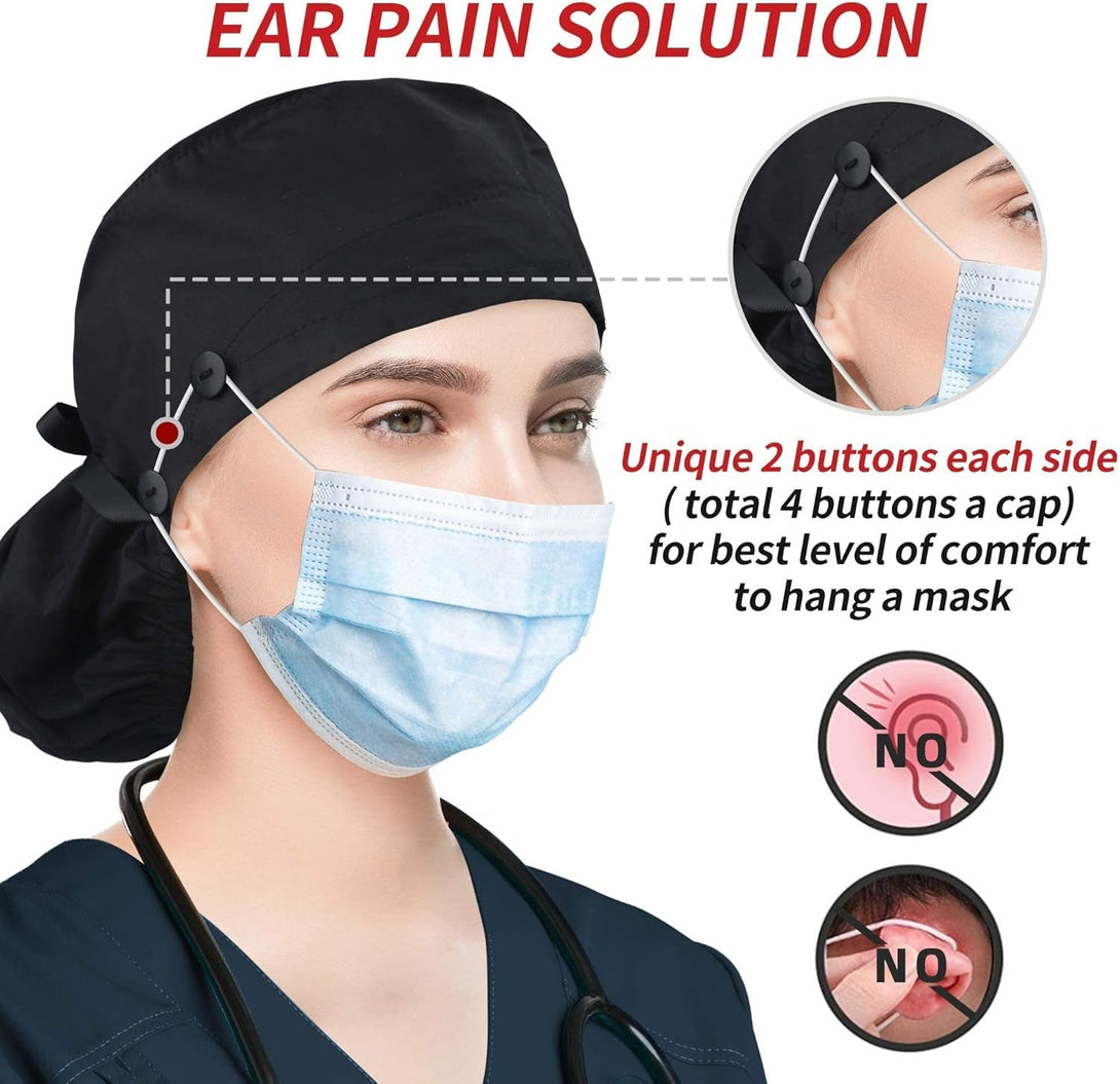 ABAMERICA Scrub Caps for Women Surgical Caps Nurse Hat Functional Ponytail Holder for Long Hair Single or Satin-Lined