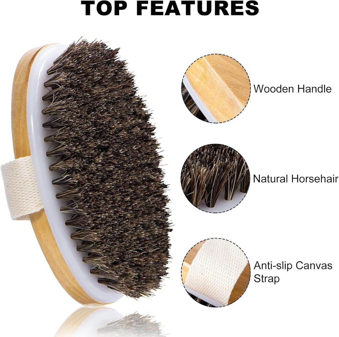 Dry Brushing Body Brush, Natural Horsehair Body Brush for Lymphatic Drainage, Cellulite and Blood Circulation, Dry Skin Exfoliating Brush Body Scrubber for Cleaning and Soft Skin, Brown