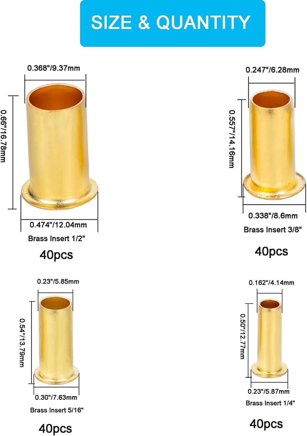 160Pcs Tube OD(1/4" 5/16'' 3/8" 1/2") Brass Compression Insert,Brass Compression Fitting Assortment Kit, Insert Tube Support Compression Sleeve Fitting