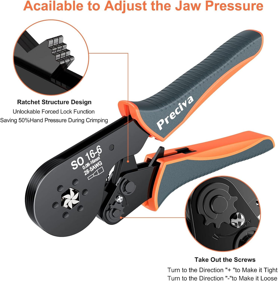 Hexagonal Ferrule Crimper, Preciva 16-6 Hexagonal Jaw Wire Crimping Pliers AWG 28-5 (0.08-16Mm²) Self-Adjustable Ratchat Wire Crimping Tools for Wire Terminals Cables End-Sleeves