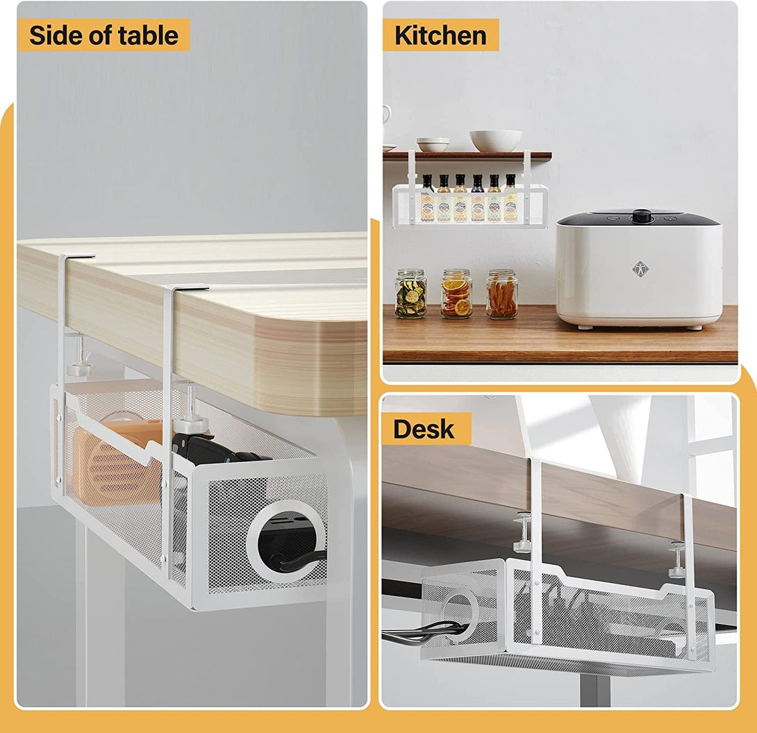 Under Desk Cable Management Tray White, Cinati Wire Organizers No Drill, Cable Tray with Clamp for Wire Management, Cord Organization Box for Office, Home - No Damage to Desk
