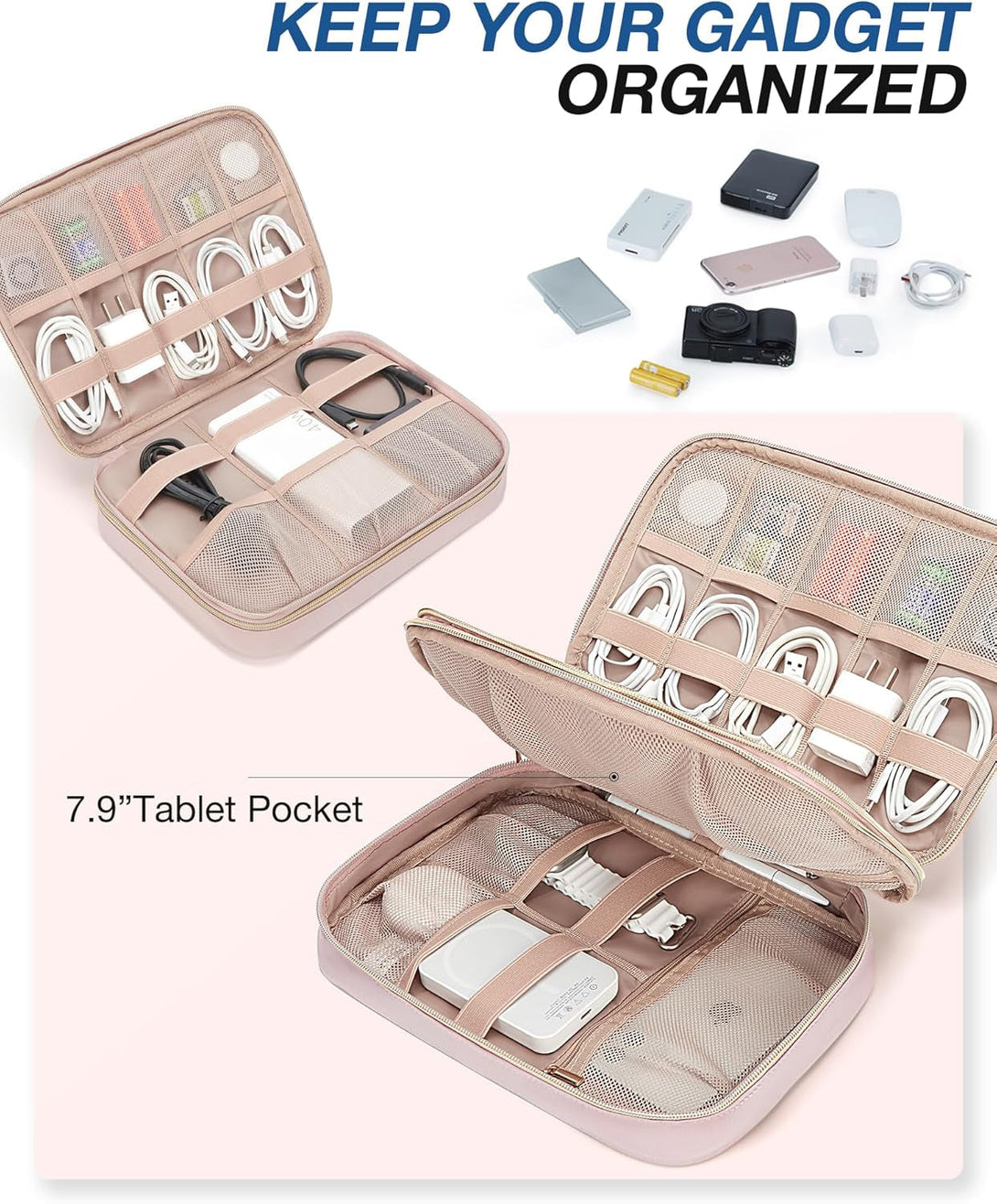 BAGSMART Electronic Organizer Case - Double Layer Cord and Tech Travel Organizer Bag for Charging Cables, Pink