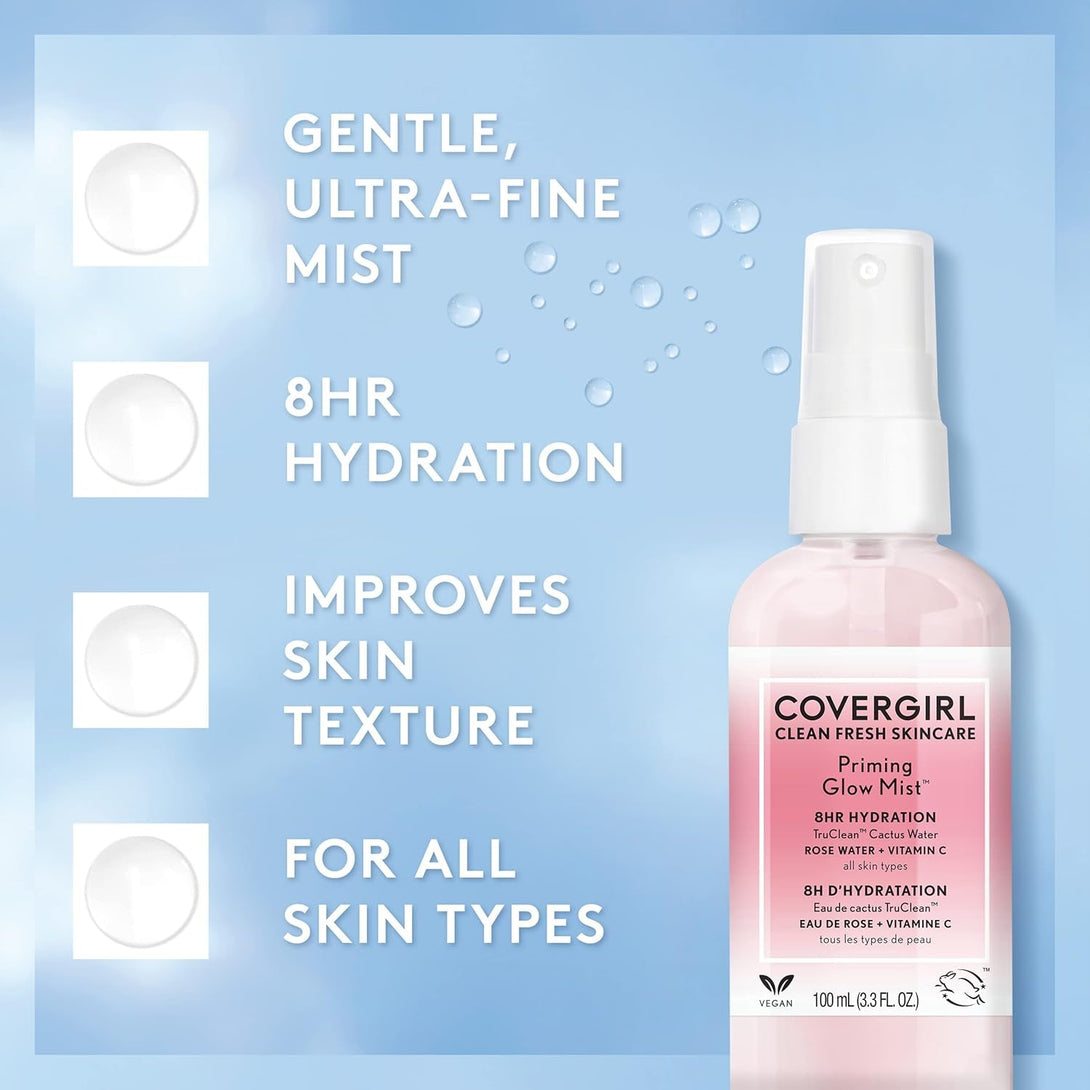 COVERGIRL Clean Fresh Skincare Priming Glow Facial Mist with Rose Water and Vitamin C, 3.3 Fl Oz