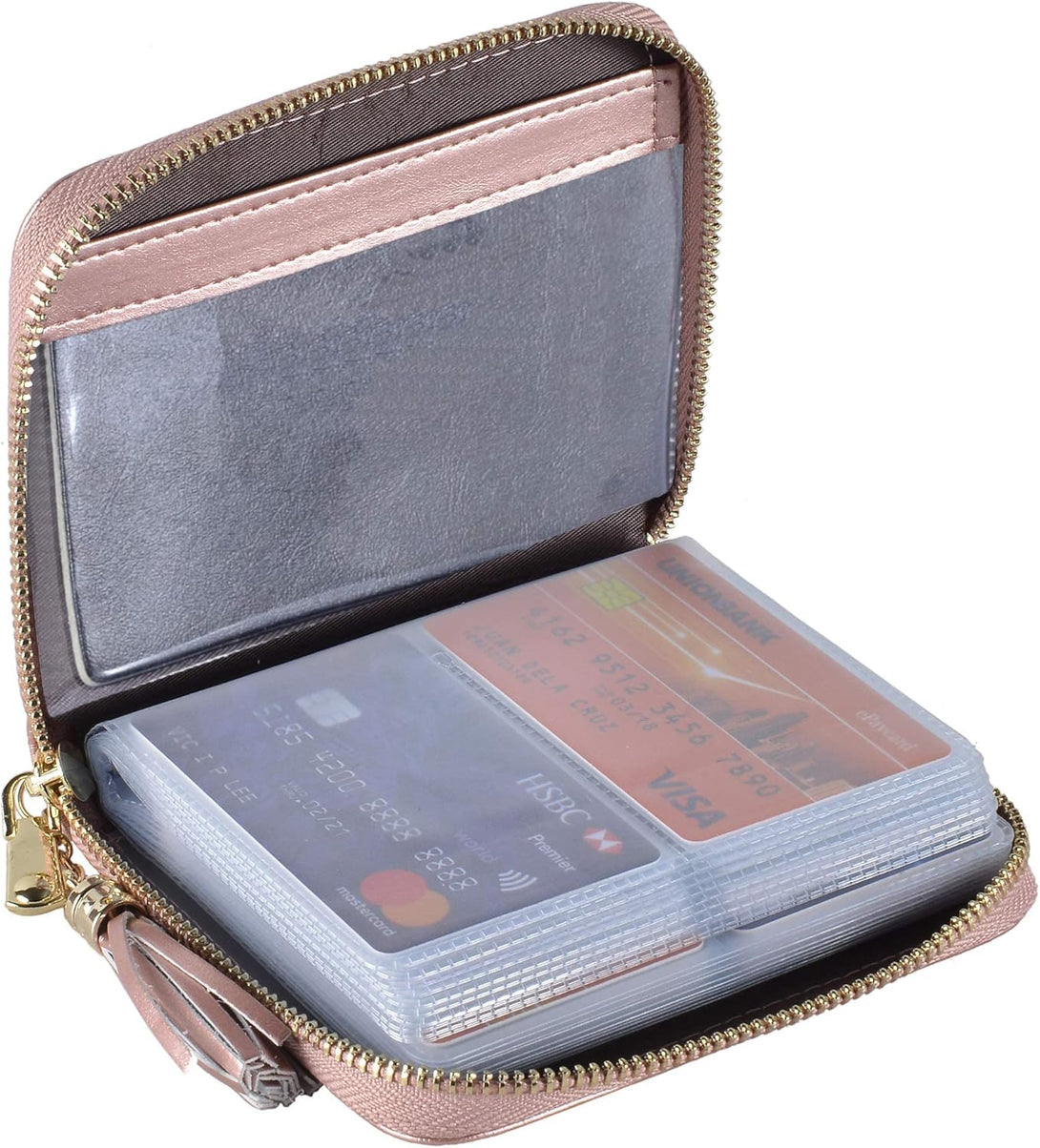 Easyoulife Womens Credit Card Holder Wallet Zip Leather Card Case RFID Blocking (Rose Gold)