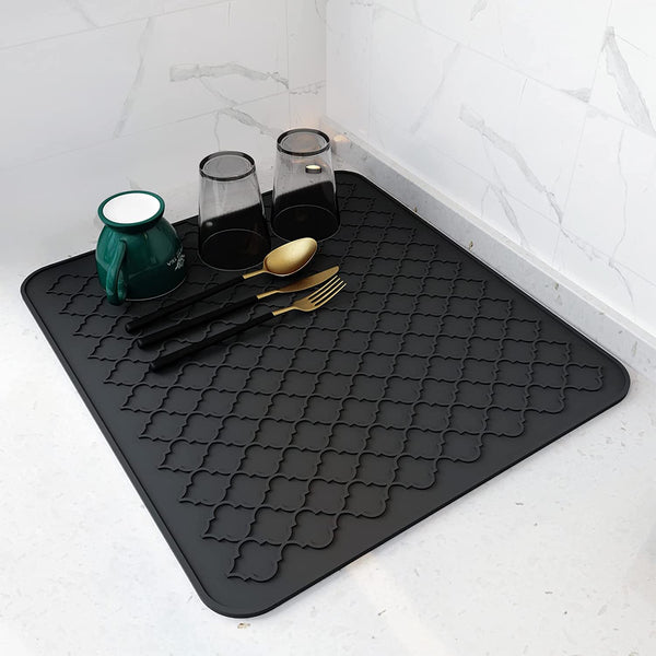 AMOAMI Dish Drying Mats for Kitchen Counter - Silicone Dish Drying Mat - Heat Resistant Mat - Black (16" X 18)