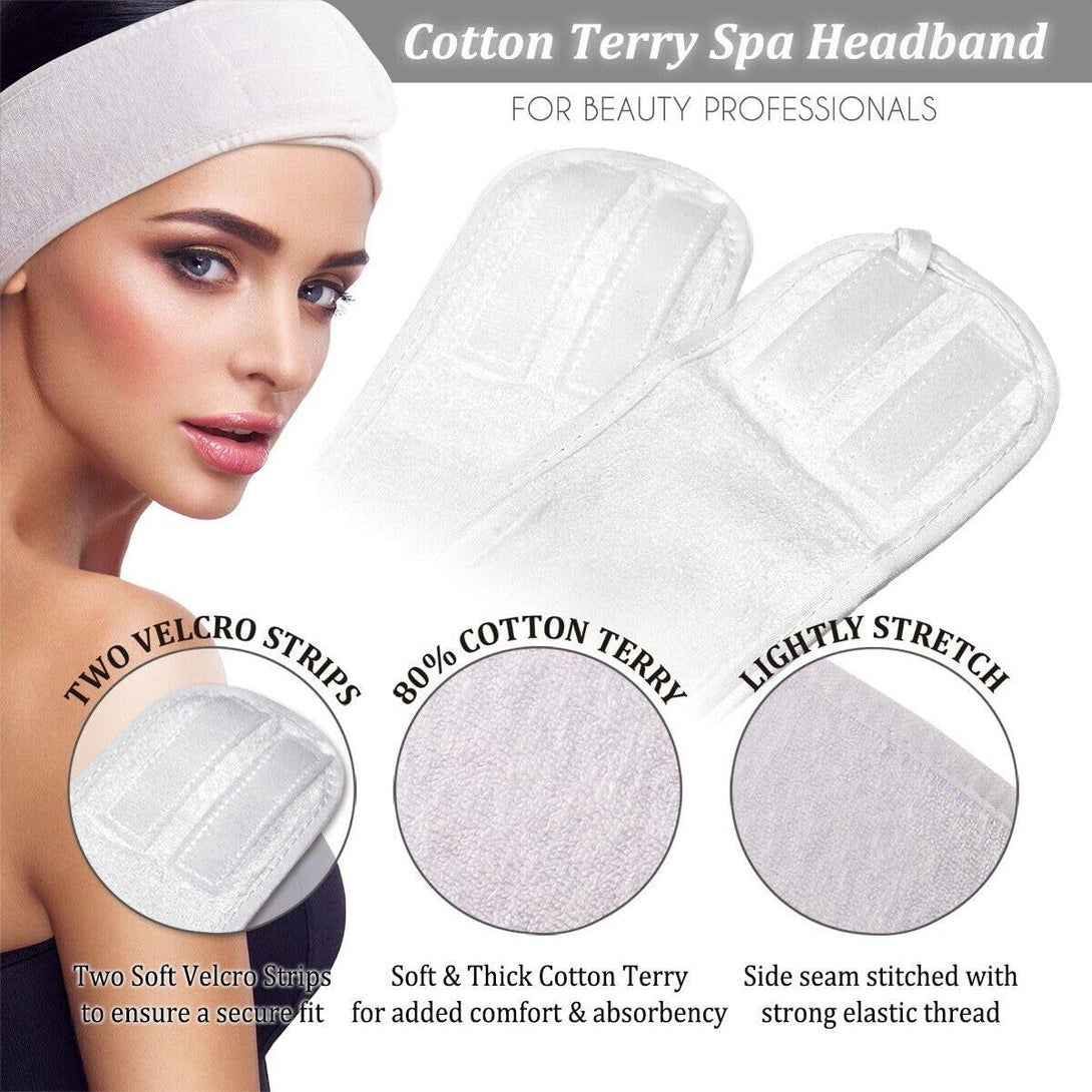 APPEARUS Spa Facial Headband Head Wrap Terry Cloth Headbands Stretch Towel with Closure for Bath, Makeup and Sport (4 Count/White)