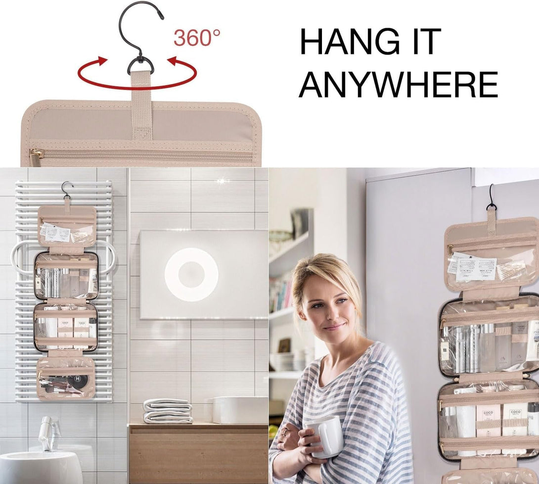 BAGSMART Toiletry Bag Travel Bag with Hanging Hook, Water-Resistant Makeup Cosmetic Bag Travel Organizer for Accessories, Shampoo, Full-Size Container, Toiletries (Camel, Large)