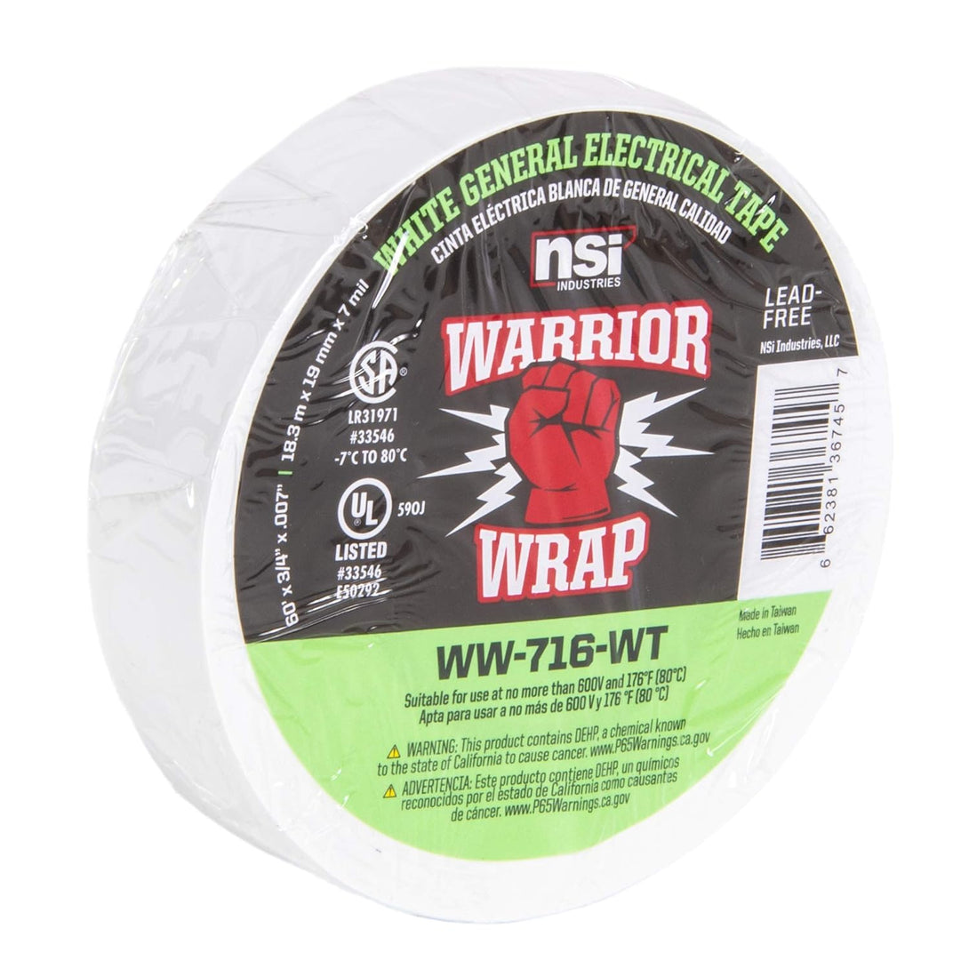 NSI WW-716-WT Warriorwrap General 7 Mil Vinyl Electrical Tape, 3/4" Width, 60' Length, White