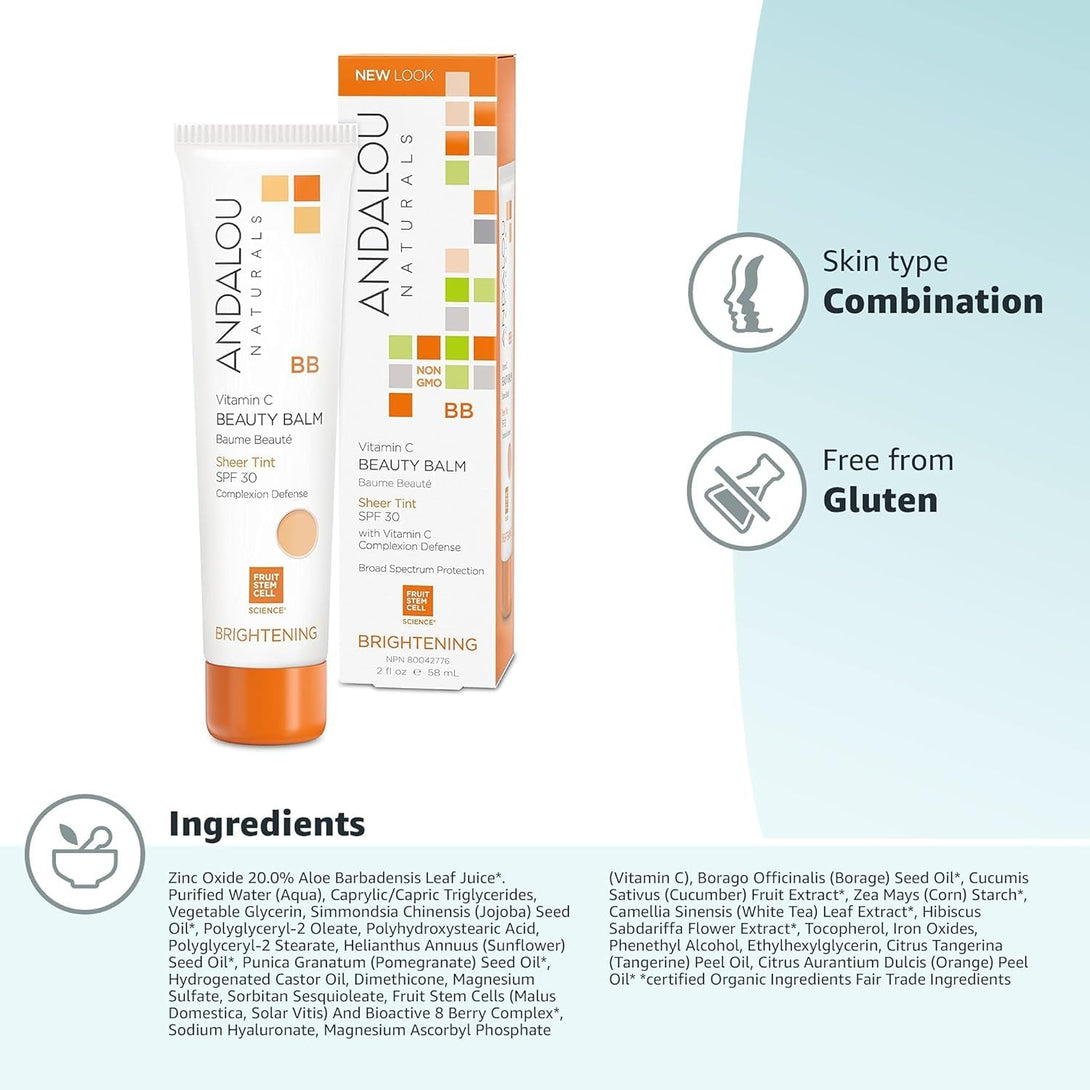 Andalou Naturals Vitamin C BB Beauty Balm Sheer Tint SPF 30, 2-In-1 BB Cream & Face Sunscreen with Broad Spectrum Protection, Mineral Sunscreen with Non-Nano Zinc Oxide, 2 Fl Oz