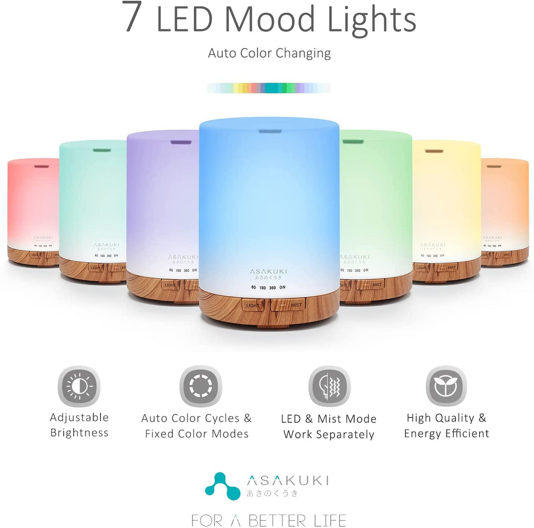 ASAKUKI 300ML Essential Oil Diffuser, Quiet 5-In-1 Premium Humidifier, Home Fragrance Aroma Diffuser with 7 LED Color Changing Light and Auto-Off Switch -Light Brown