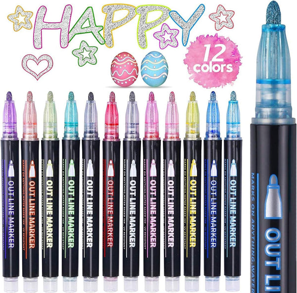 Art Supplies 12 Colors Shimmer Markers Outline Pens, Art Supplies for Kids 9-12, Teen Girl Gifts Trendy Stuff, Arts and Crafts for Kid Ages 8-12, Gifts for 4-12 Year Old Girls
