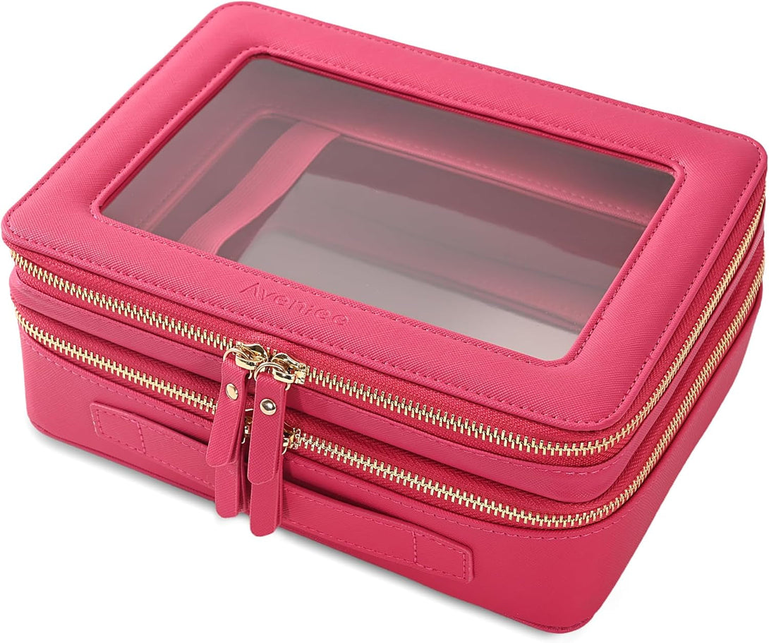 Aveniee Clear Makeup Bags, Double Layer Cosmetic Bags with a Separate Brush Compartment, Large Travel Toiletry Bag Train Case for Women, Travel Accessories Organizer(2 Layers Large, Hotpink)