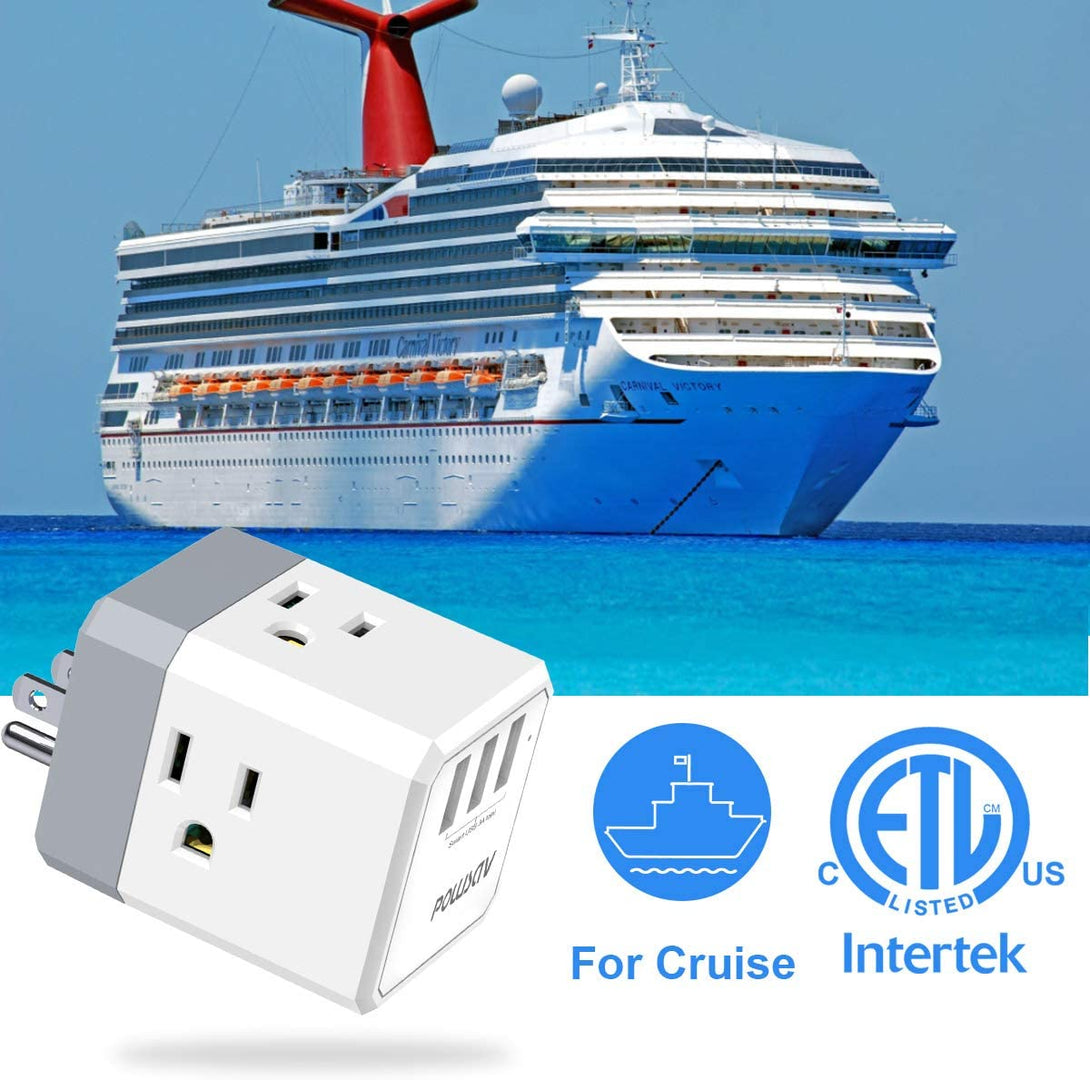 3-Outlet USB Wall Charger and Extender with 3-Way Splitter, ETL Listed - for Home, Office, Cruise Ship