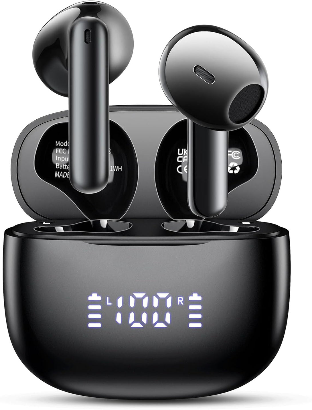 Wireless Earbuds Bluetooth 5.3 Headphones, Bluetooth Earbuds with Noise Cancelling Mic LED Display, Hi-Fi Stereo, 42H Playback, IPX7 Waterproof, Smart Touch Control, Ergonomic Design Black