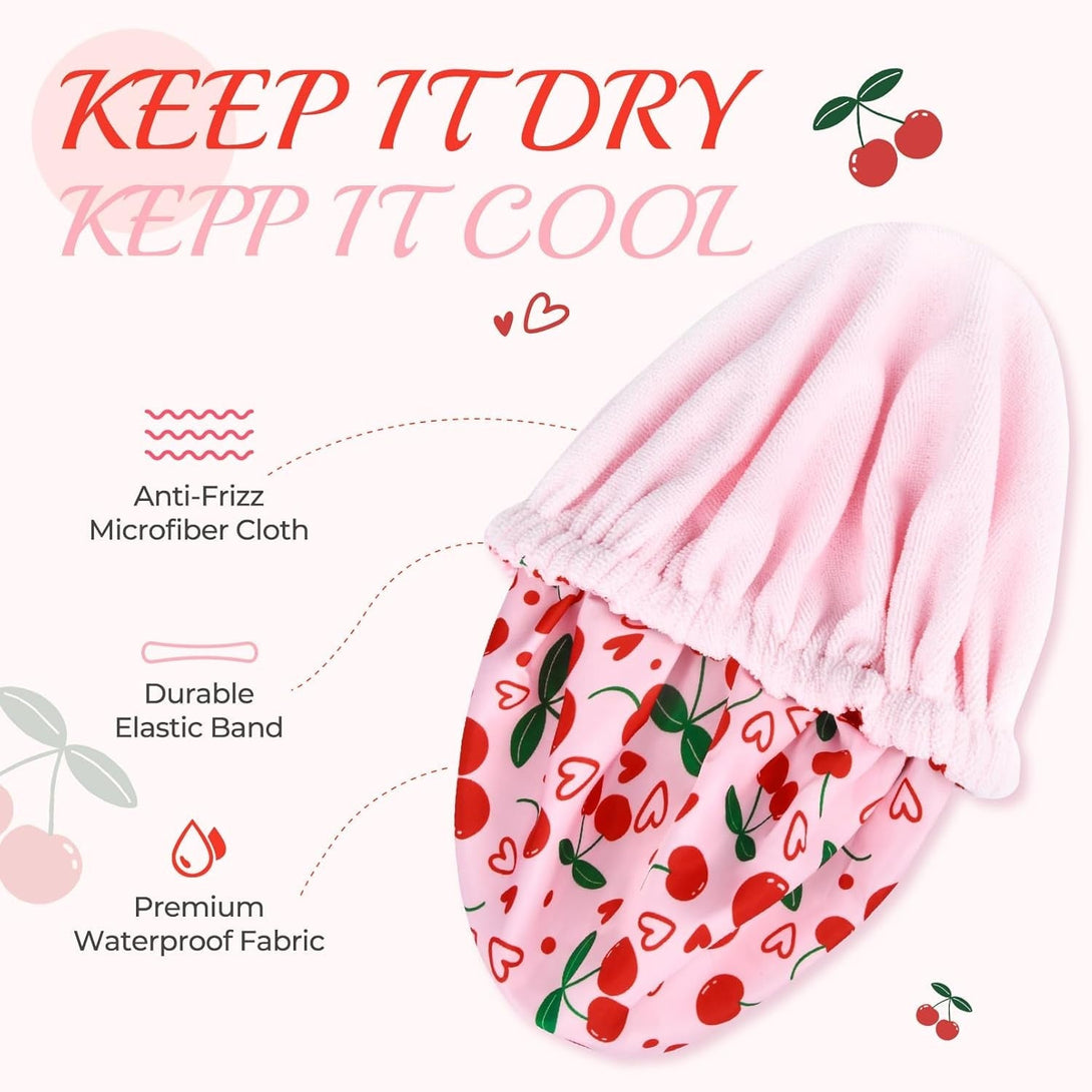 Shower Cap for Women Terry Lined Bath Cap Large Reusable Waterproof Elastic Band Pink Cherry Shower Caps for Long Thick Hair Soft Bath Shower Hair Caps