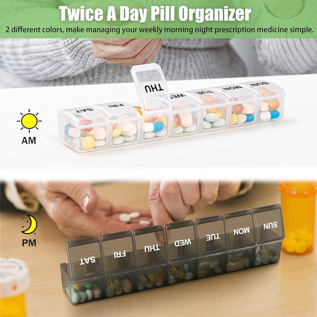 2 Pack Weekly Pill Organizer, Large 7 Day Pill Case, Daily Vitamin Case Medicine Box, AM/PM Pill Containers for Medicine Supplements Fish Oil（White & Black）