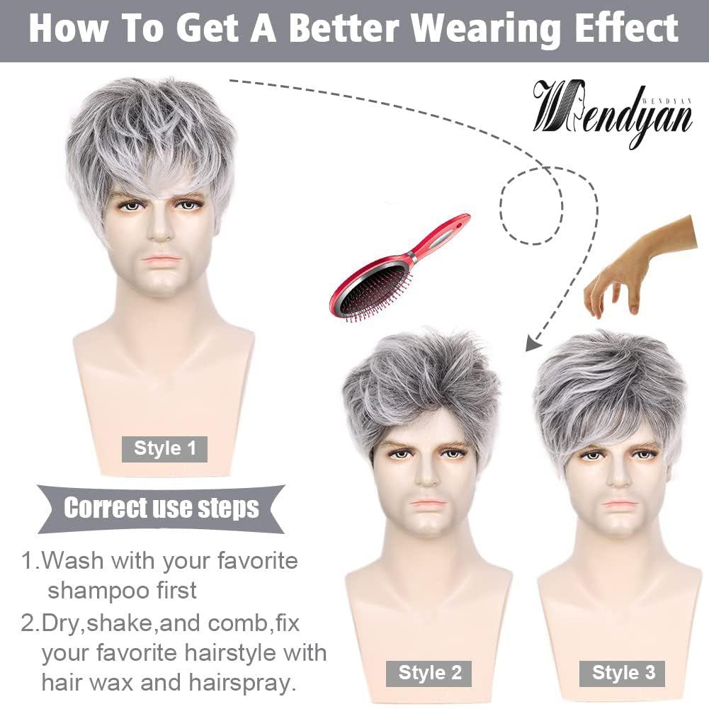 Mens Wig Short Grey Wig Natural Layered Costume Halloween Man Wigs Synthetic Heat Resistant Wigs for Male Guy (Grey)