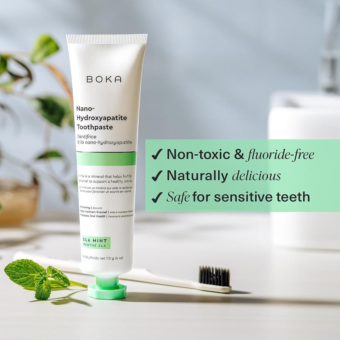 Boka Toothpaste + Floss Bundle, Ela Mint Nano-Hydroxyapatite, Fluoride-Free Remineralizing Toothpaste, 4Oz 1Pk + Teflon-Free, Petroleum-Free Woven Dental Floss W/Natural Vegetable Wax, 30 Yards 1Pk