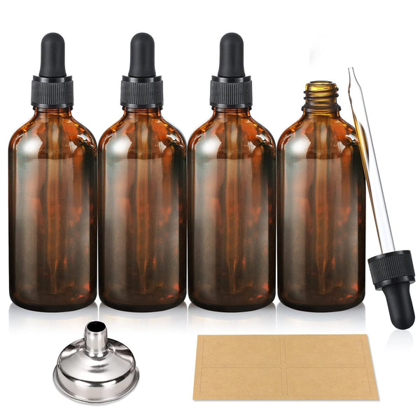 AOZITA 4 Pack, 100Ml Dark Amber Dropper Bottles with 1 Funnels & 4 Labels - 3.4Oz Brown Glass Tincture Bottles with Eye Droppers for Essential Oils, Liquids - Leakproof Travel Bottles